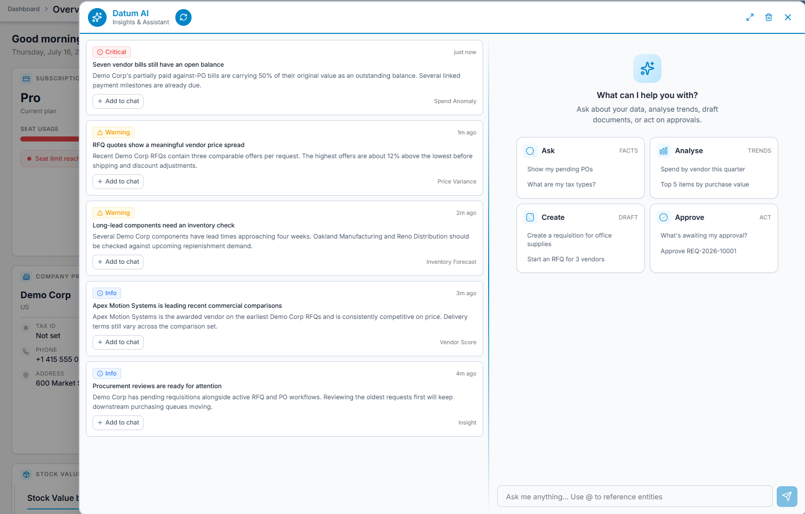 Datum AI assistant showing grounded evidence and a proposed action